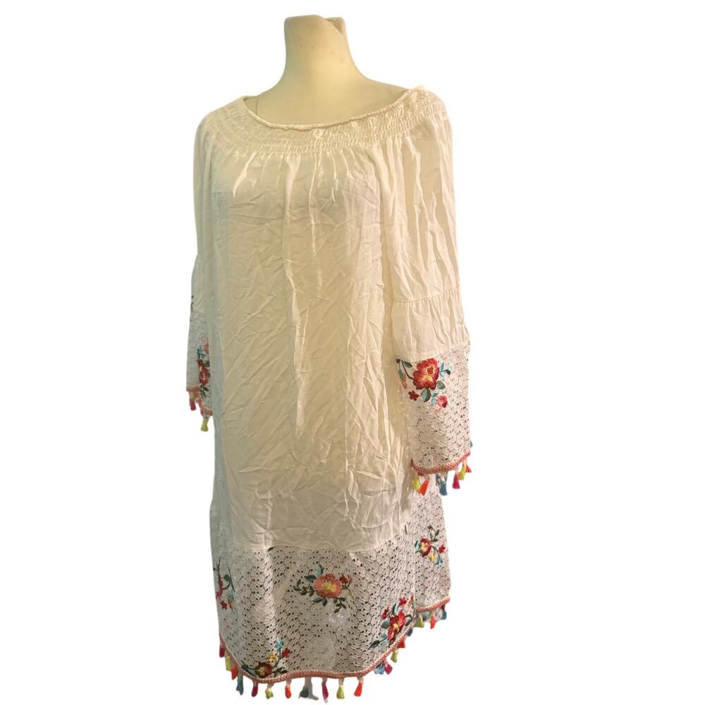 Made In Italy Boho Floral Embroidered Crochet Tassel Tunic Dress, Ivory, Large